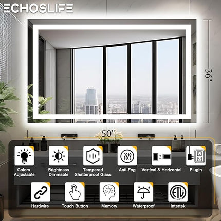 50"x36" Lighted Mirrors for Bathroom Wall, Anti-Fog LED Vanity Mirror, Shatter-Proof, 3 Colors Memory Mirror (Horizontal/Vertical)