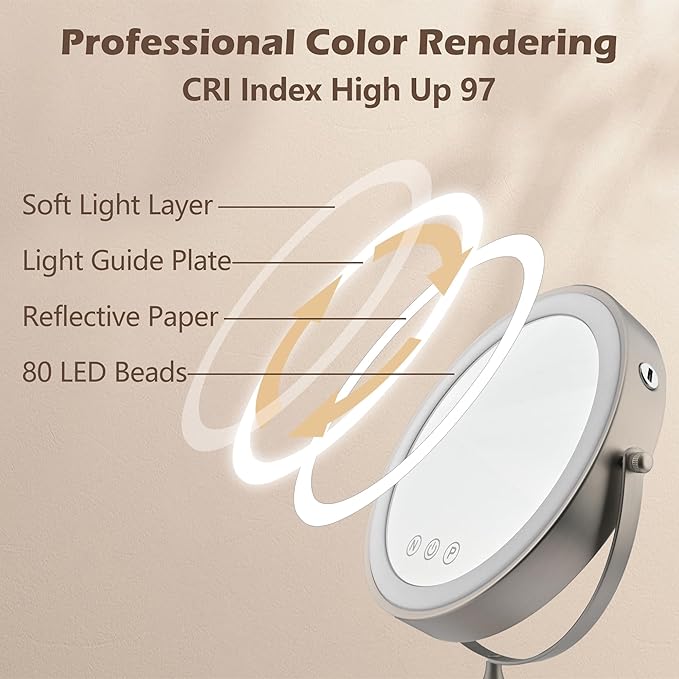 9" Large Makeup Mirror with Lights, 1X/10X Magnifying Vanity Mirror with 3 Colors Dimmable Lightning, 80 LED Lights, 360°Rotation Double Sided Standing Lighted Makeup Mirror Nickel