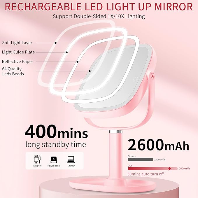 Lighted Makeup Mirror, 2600mAh Rechargeable 1x/10x Magnifying Vanity Mirror, 8.5" Height Adjustable Makeup Mirror with Lights 3 Color, 360° Rotation 2-Sided Light up Large Desk Mirror - Pink