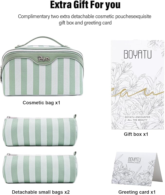 BOYATU Travel Makeup Bag for Women: Large Cosmetic Bag Set of 3 - PU Leather Make up Bag with Compartments - Compact Waterproof Toiletry Bag with Divider & Handle (A-05Green)