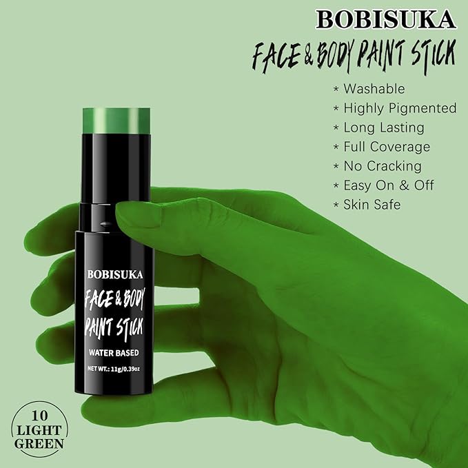 BOBISUKA Light Green Face Body Paint Stick Washable Water-Based Face Paint Makeup Stick for Halloween Witch, Zombie, Hulk, Goblin, Camo, Hunting, Cosplay, SFX, Sports Eye Black & Costume Party