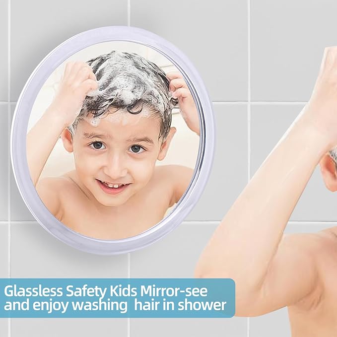 Fogless Shower Mirror for Shaving and Makeup with 3 Removable Powerful Suction Cups, Shatterproof Anti Fog Mirror for Shower and Bathroom, Glassless Safety Kids Mirror