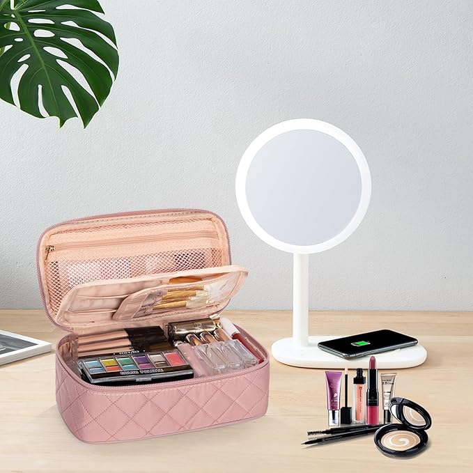 OCHEAL Small Makeup Bag,Portable Cute Travel Makeup Bag Pouch for Women Girls Makeup Brush Organizer Cosmetics Bags with Compartment-Rhombus Pink