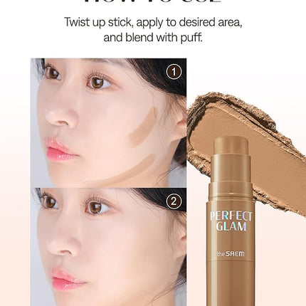 THESAEM Perfect Glam Stick Shading BR01 Brown Choux - Creamy Face Contour Taupe Brown - Ceramide, Shea Butter - Melting Cream Texture Natural Shadow Korean Makeup with Blending Puff, 0.2oz