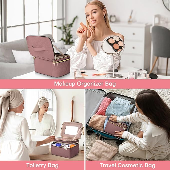 Large Makeup Bag with Mirror Double Layer Travel Make Up Organizer Case, Large Capacity Coemetic Bag with Brush Slot Divider