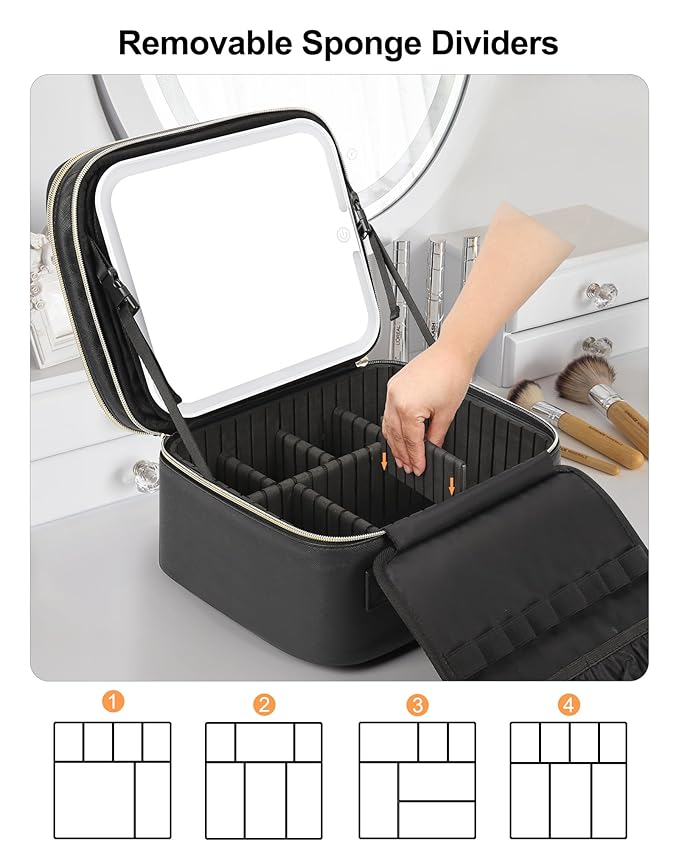 Relavel Makeup Bag with LED Mirror, Small Travel Makeup Case with Rechargeable Lighted Mirror 3 Color Lights, Double Layer Cosmetic Box Makeup Brush Lipstick Holder Organizer for Women, Black