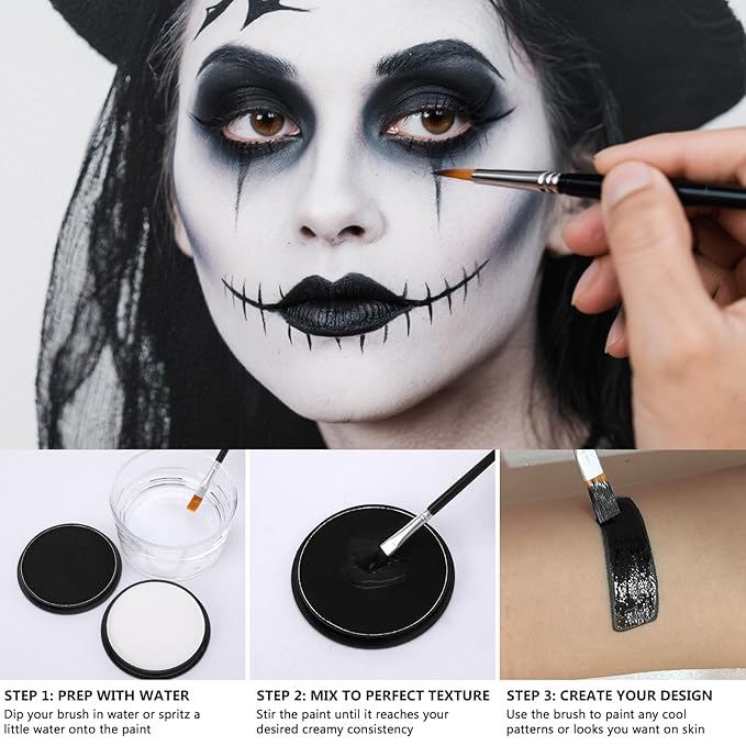 Black Face Body Paint Kit for Kids & Adults, Non-Toxic Water-Based Professional Face Painting Palette with Brushes for Halloween Clown Goth Vampire SFX Makeup, Art Stage Cosplay Parties