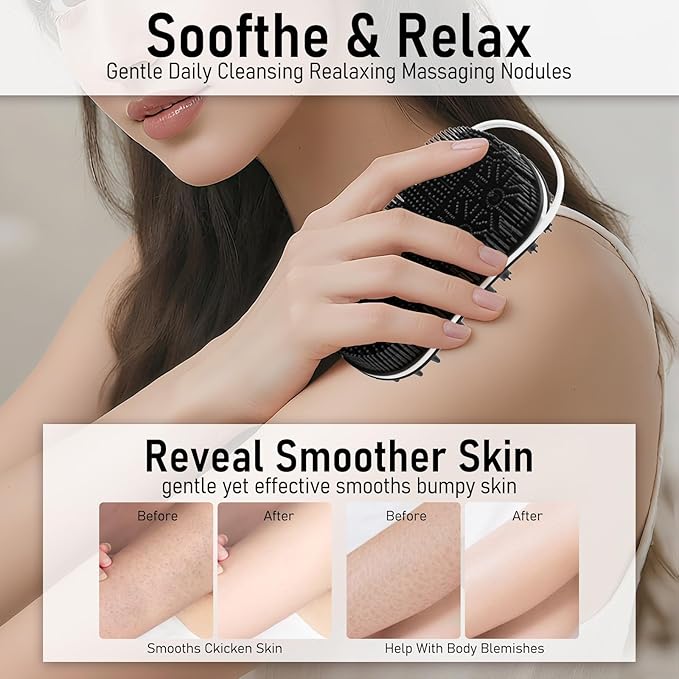 Silicone Body Scrubber Shower Bath Exfoliator 2 in 1 Scalp Massage Mens Body Wash with No-Slip Handle Lather Deep Clean Bathing Upgrade Long Lasting Bristles Loofah All Skin 1 Pack Black