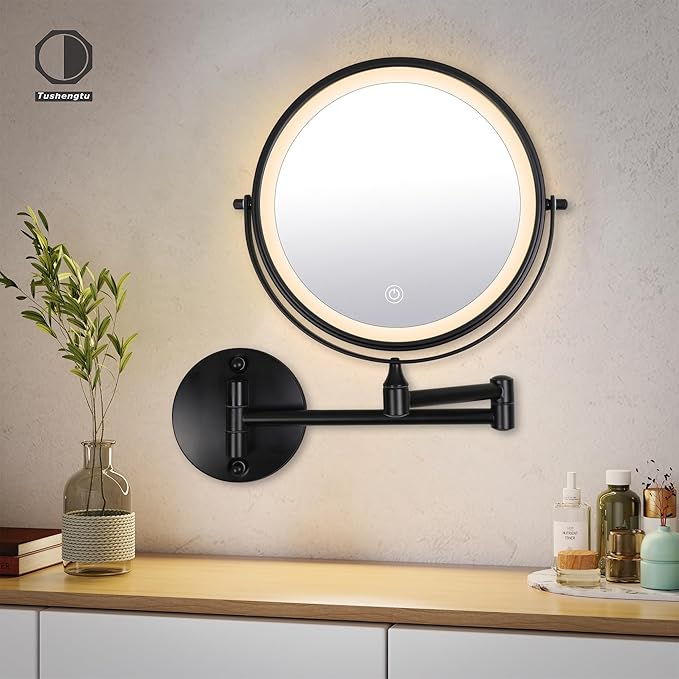 9" Large Black Wall Mount Magnifying Mirror With Light, TUSHENGTU 3000mAh Rechargeable Lighted Makeup Vanity Mirror Wall Mounted Swing Arm,10X/1X Magnifying Vanity Mirror for Bathroom 360°Double Sided