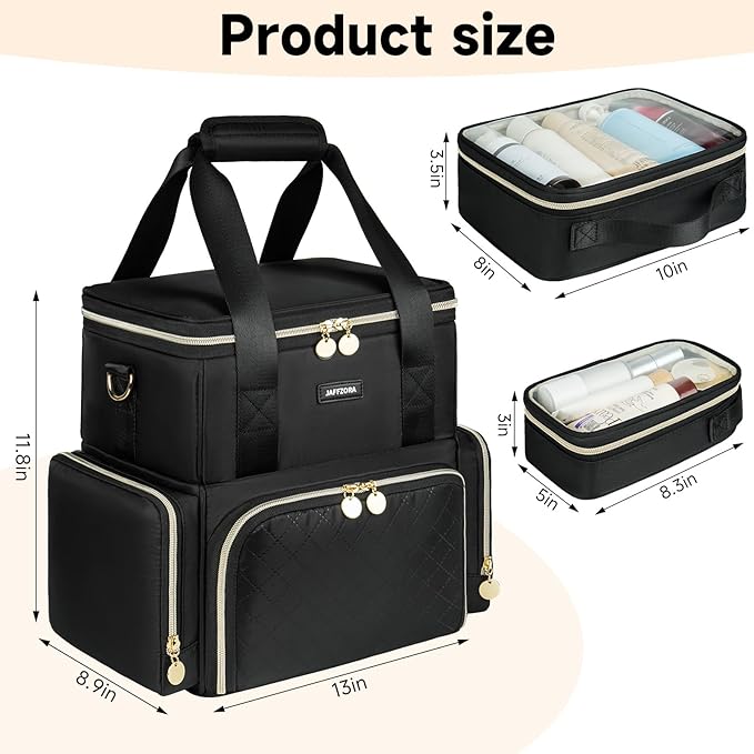 Extra Large Makeup Bag with 3 Removable Cases, Double Layers Travel Cosmetic Storage Organizer Bag with Detachable Dividers, Black