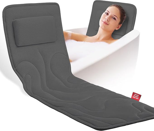 Full Body Bath Pillow for Tub, Extra Thick 4D Air Mesh & Quick-Dry Spa Pillow for Head Neck and Beck Support, Non-Slip Suction Cups Fits All Tubs - Luxury Bath Accessories for Relaxation, Grey (Grey)