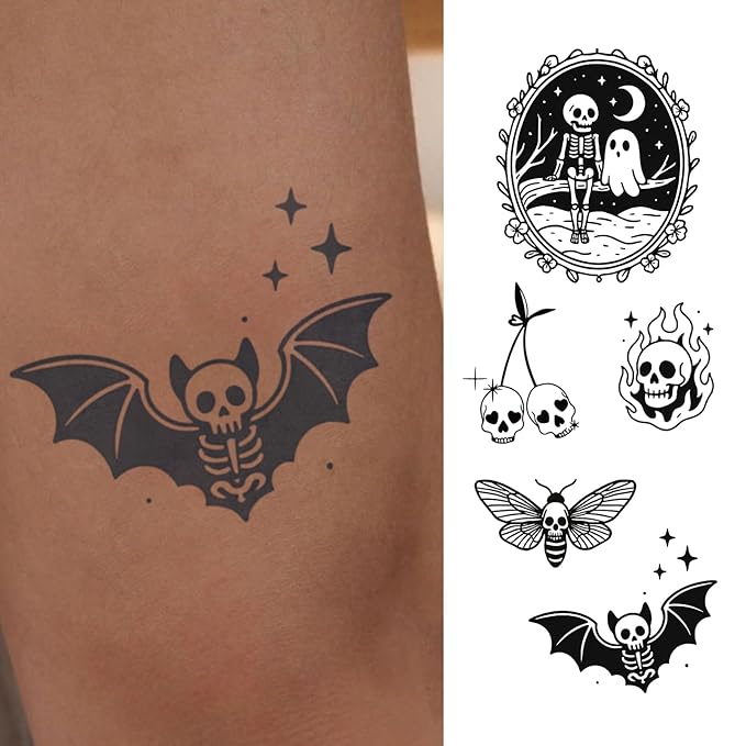Skeleton Skull Temporary Tattoos for Men & Women – 5 Unique Skull Designs, Gothic & Spooky Tattoo Set for Adults, Realistic & Long Lasting for 2 Weeks