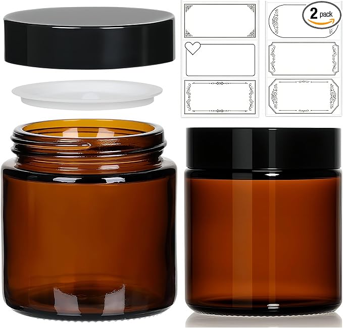4oz Amber Glass Jars with Lids 2Pack, Small Salve Containers with Inner Seal for Creams, Candles,Accessories and DIY Lotions, White Stickers Included