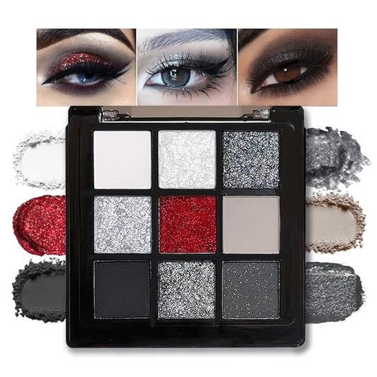 Smokey Black Red Eyeshadow Palette,9 Colors Dark Shimmer Matte Metallic Makeup Pallet,Make Up Kit for Halloween Parties Christmas Joker Vampire Clown,Long Lasting Waterproof