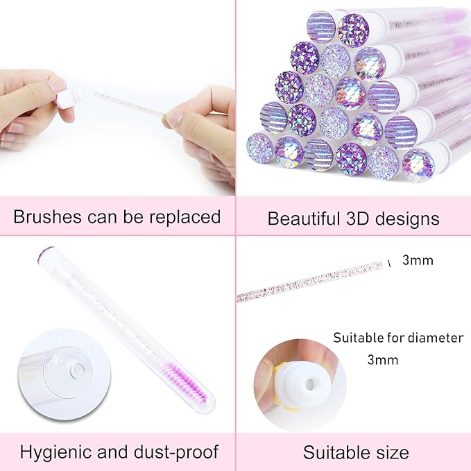 20 Sets Mascara Wand Tube Diamond Eyelash Spoolies Purple Mascara Brushes Lash Brush Makeup Tool Applicator Eyelash Brush Tubes Makeup Brush (4C-Purple)