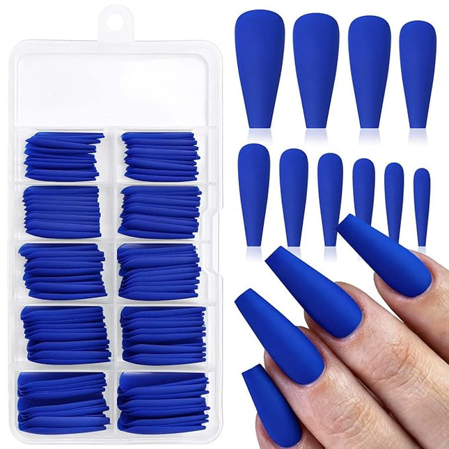 LoveOurHome 100pc Coffin Press on Nails Long Fake Nails Matte Full Cover False Nails Press ons Artificial Nail Medium Ballerina Fake Fingernail Royal Blue Presson on Nail Tips for Women Kids Girls