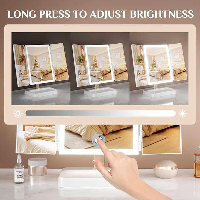 3- Folding Makeup Mirror, 76 LED Beads, 3 Adjustable Color Modes,Long Press The Touch Button to Adjust The brightness1%-100%, 1x / 2X / 3X Magnification，Rechargeable (Ivory White)