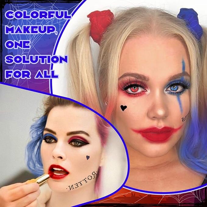 Halloween Makeup Set Clown Make Up Kit Includes Red White Blue Face Paint Hair Color Sticks Glitte Paint Stick Lipstick Makeup Brush Hair Tie for Halloween Cosplay Party DIY