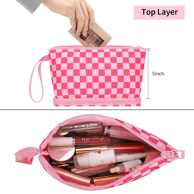 Ethereal Small Travel Makeup Bag, Checker Pink Make up Organizer Bag with Makeup Brush Holder, Portable Cosmetic Bag for Women/Girls