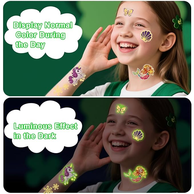 180 PCS Glow in The Dark Temporary Tattoos for Kids Boys Girls Luminous Truck Mermaid Unicorn Dinosaur Shark Animal Space Fake Tattoo Stickers for School Show Birthdays Halloween Party Supplies