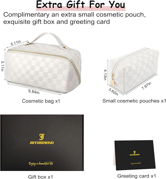 Checkered Travel Makeup Bags Cosmetic Organizer Bag: 2-Set Large Capacity Waterproof Makeup Bag - PU Leather Toiletry Bag for Women - Wide Open Portable Pouch with Handle and Divider (WHITE)