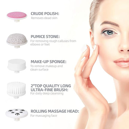 Facial Cleansing Brush, Waterproof Spin Face Brush Set with Holder and 6 Brush Heads, Gentle Exfoliating, Deep Cleansing, Massaging and Removing Blackhead for Women and Men (White)