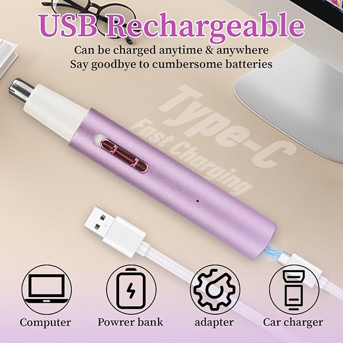 Nose and Ear Hair Trimmer for Women Men,2 in 1 Painless Eyebrow Hair Trimmer with USB Rechargeable,Portble Waterproof Facial Hair Removal with Dual-Edge Blades for Smoother Cutting (Pink)