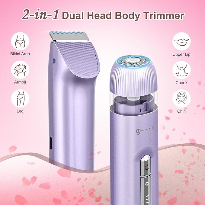 Bikini Trimmer for Women, 2 in 1 Electric Razors for Women Painless Body and Facial Hair Removal, IPX7 Waterproof Wet & Dry Use Bikini Trimmer for Ladies Pubic, Legs, Face, Underarms (Purple)