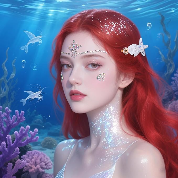 Wehhbtye 7 Pcs Mermaid Hair Clips Face Gems Glitter, Starfish Hair Clip Glitter Stickers and Gel, Mermaid Costume Accessories Set for Women Girl Cosplay Halloween Beach Theme Party Supplies