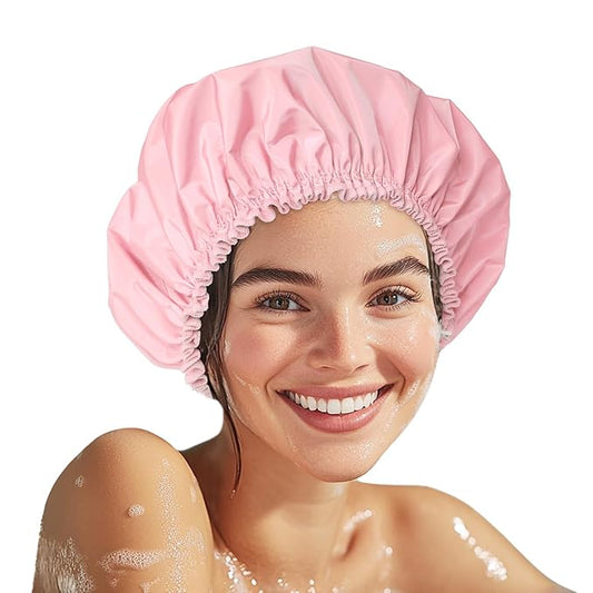 Shower Cap for Women, Double Layer Waterproof Bath Cap, Reusable Hair Protector, Large Waterproof Shower Bonnet Washable Elastic Band Bath Hair Hat for Long Hair, Braids， - Pink