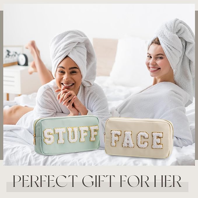 Cunno 4 Pcs Preppy Makeup Bags Chenille Letter Stuff Bag Nylon Cosmetic Pouch Cases with Zipper for Women Travel Toiletry