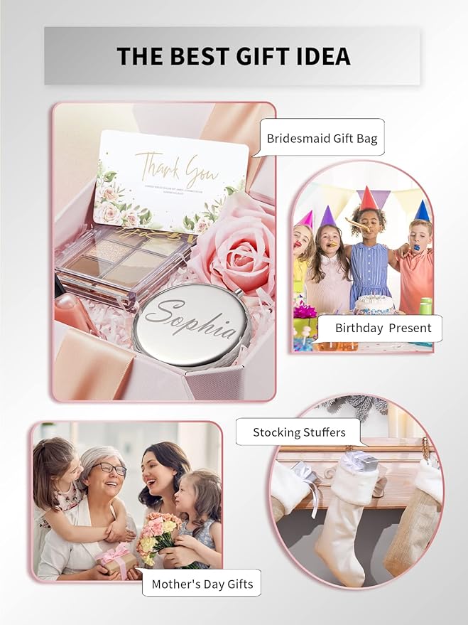 Compact Mirror for Purse, Double-Sided 1X/2X Magnifying Metal Pocket Makeup Mirrors(Round, Silver)