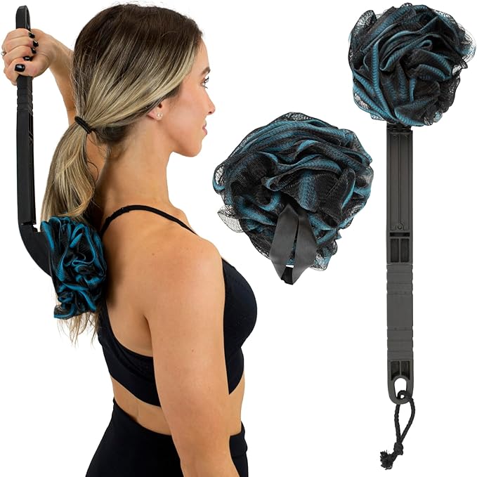 Vive Long Handled Loofah on a Stick - Mesh Back Sponge for Bath, Reusable w/Extra Pouf - Exfoliating Scrubber for Elderly & Disabled, Soft Loofa for Bathing Men & Women
