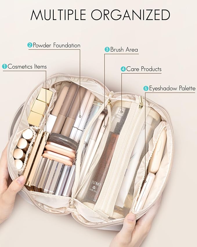 Vlando Travel Makeup Bag,Gifts for Women Large Capacity Toiletry Bag for Women Wide Open Cosmetic Organizer with Divider and Handle(White)