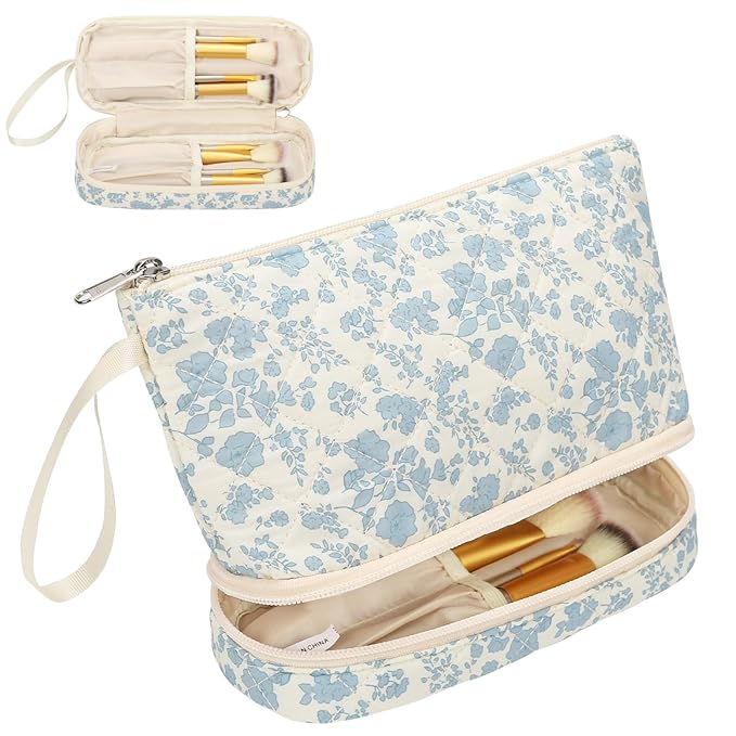Ethereal Small Makeup Bag, 2 Layers Travel Make up Organizer Bag with Makeup Brush Holder, Portable Cosmetic Bag for Women/Girls, Blue Flower