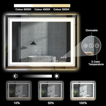 LED Bathroom Mirror, 40"x24" with Front and Backlit, Anti-Fog, Bathroom Vanity Mirror for Wall, Memory Function, Stepless Dimmable, Tempered Glass (Horizontal/Vertical)