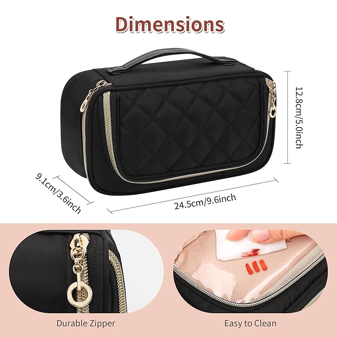 OCHEAL Small Makeup Bag with Zipper Pouch,Portable Cute Travel Makeup Bag Pouch for Women Girls Makeup Brush Organizer Cosmetics Bags with Compartment-Nylon Black