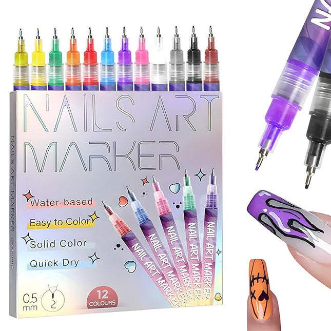 Gorvalin Fine Tips 3D Nail Art Pens, 12 Colors 0.5 MM Nail Marker Pens Nail Point Graffiti Dotting Drawing Painting Liner Pen for Home Salon Quickly Dry Nail Art Valentine Gift