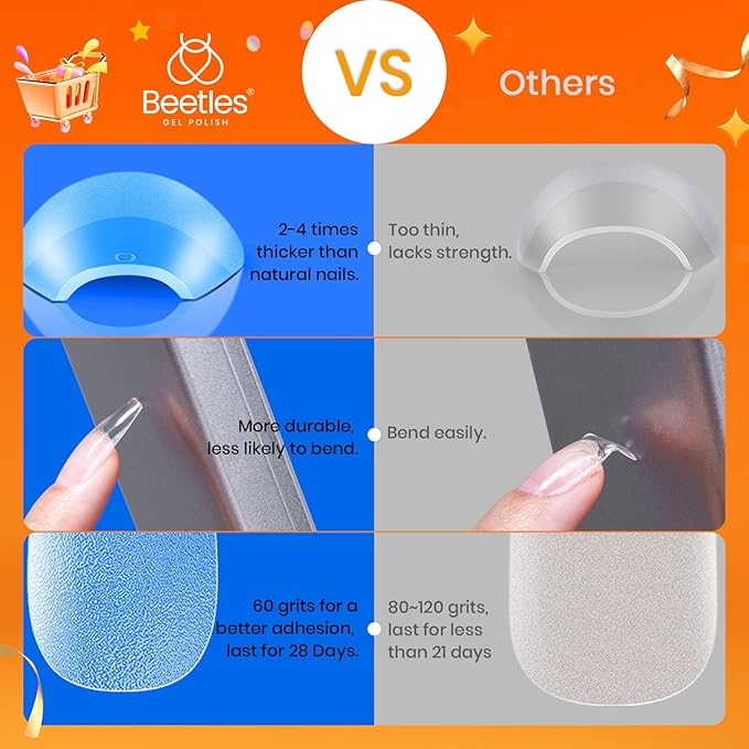 Beetles Gel Nail Tips Short Coffin Pre-Etched Nail Tips, 12 Sizes 288 Pcs Full Cover Soft Tips Half Matte False Nails Clear Acrylic Glue on Nails Extension DIY Manicure Gifts for Women