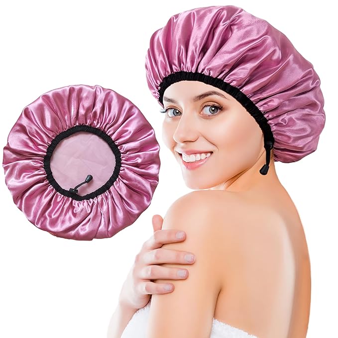 Shower Cap for Women, Large Shower Caps Reusable Waterproof with Elastic Band, Silky Satin Double-layer Bath Cap for Braids Long Hair
