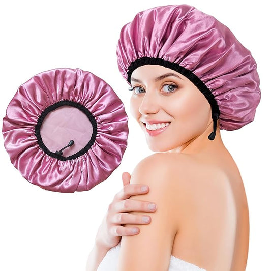 Shower Cap for Women, Large Shower Caps Reusable Waterproof with Elastic Band, Silky Satin Double-layer Bath Cap for Braids Long Hair