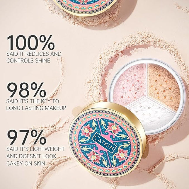 CATKIN Loose Setting Powder - Translucent Shimmer Finishing Powder, 3 Colors Even Skin Tone, Oil Control Makeup Pore Minimizing Powder with Velour Puff (0.42oz, C01 Shimmer for Oily Skin)
