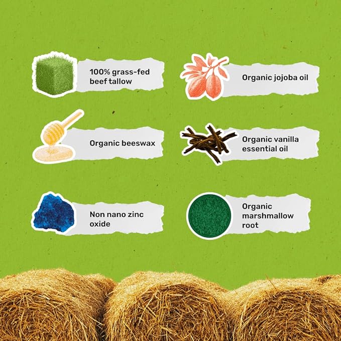 Beef Tallow Balm for Face, Skin & Body - 4 Fl oz Moisturizing Balm with Organic Jojoba Oil, Beeswax, Non-Nano Zinc Oxide & Vanilla - 100% Grass Fed Beef Tallow