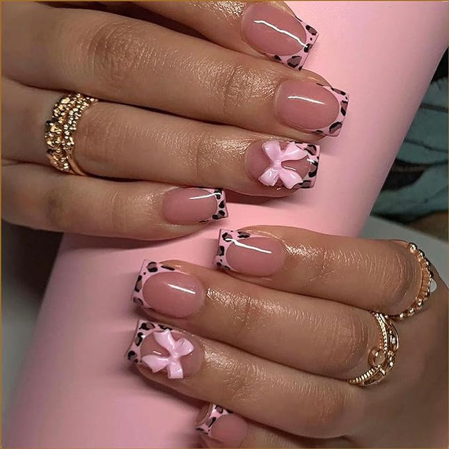 Press on Nails Medium Square Leopard French Tip Fake Nails with Bow Desings Nude Glue on Nails Glossy False Nails Press ons Acrylic Stick on Nails for Women 24 Pcs