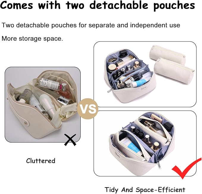 BOYATU Travel Makeup Bag for Women: Cosmetic Organizer Bag with Compartments - Leather Make up Bags Set of 3 (White)