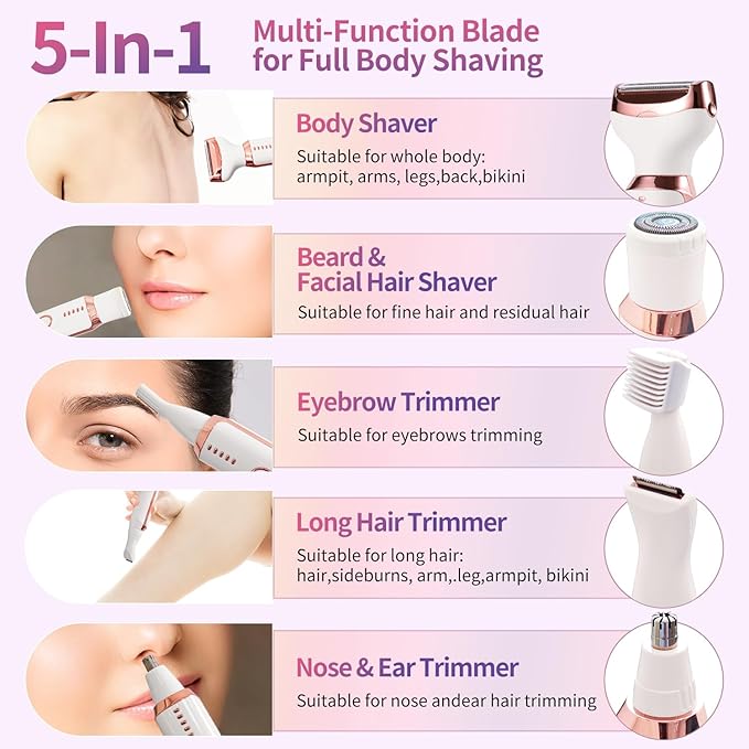 Electric Razors for Women, 5 in 1 Painless Ladies Wet & Dry Body Razors and Facial Hair Remover, Rechargeble Facial and Body Hair Remover for Face Nose Eyebrow Arms Armpit Legs Pubic Area（White）