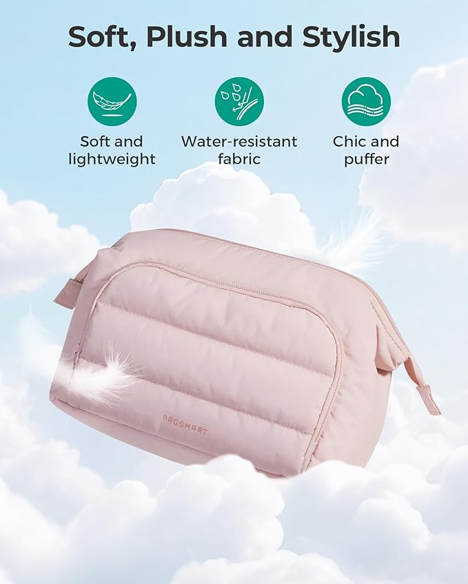 BAGSMART Makeup Bag Travel Toiletry Bag, Puffy Padded Make Up Bags for Women, Makeup Organizer Wide-open Pouch Purse, Travel Essentials for Toiletries Accessories Brushes, Dark Pink