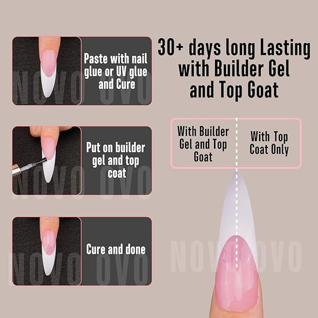 NOVO OVO Halloween XXL Curved Stiletto Almond French Tip Nail Tips Press on, BERRY PINK Full Cover Extra Thick Long XL Acrylic Hawk Curve Fake Extension Kit, Need Builder Gel, for DIY 12 Sizes 144 pcs