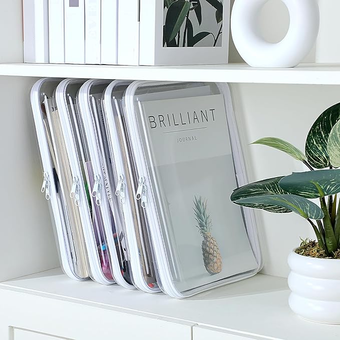 Sanwuta 6 Pcs Clear Hard Zipper Case Pencil Pouches Hard Plastic Zipper Pouches Makeup Bag Transparent Cases for Snacks Plastic Storage Organizer Box for Travel(White,12.6 x 9 x 2 Inch)