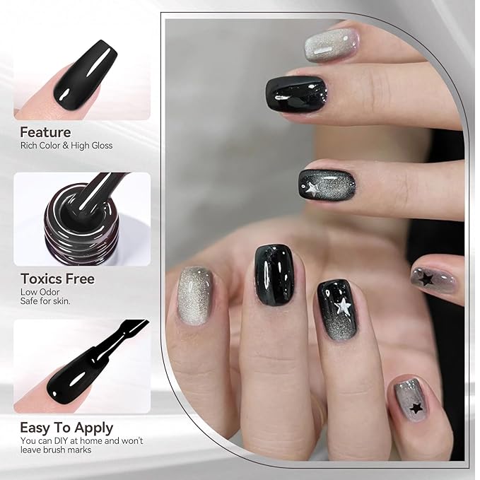 BORN PRETTY Gel Nail Polish 6 Colors - White Gray Black Colors Glitter Cat Magnetic Eye Gel Polish Kit Soak Off Nail Art Manicure DIY Design Collection for Home and Salon